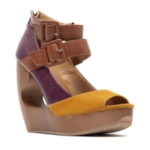 Qupid Lisbeth Strappy Wedges Purple & Mustard